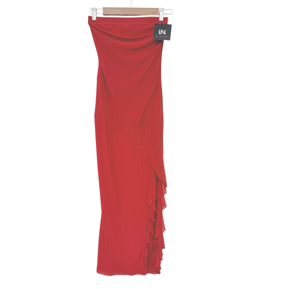 IN San Francisco Strapless Ruffle Trim‎ Bodycon Maxi Dress Y2K Womens Small Red